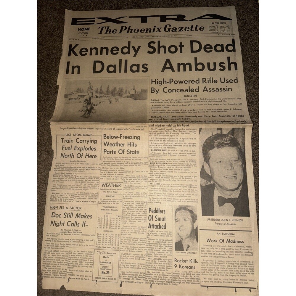 1963 Phoenix Gazette EXTRA JFK Kennedy Shot Dead Dallas Front Page Only
